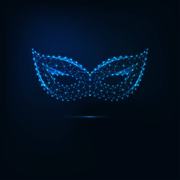 ilustrações de stock, clip art, desenhos animados e ícones de glowing low poly carnival masquerade mask made of lines, stars, triangles on dark blue background. - carnival mask