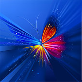 emblem of multicolored butterflies on a blue background.