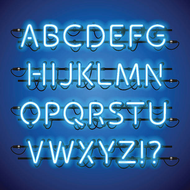 ilustrações, clipart, desenhos animados e ícones de alfabeto azul neon brilhante - fluorescente
