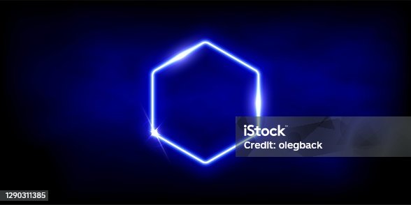 istock Glowing neon blue hexagon with sparkles in fog abstract background. Electric light frame. Geometric fashion design vector illustration. Empty minimal art decoration 1290311385