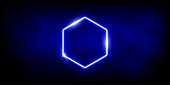 Glowing neon blue hexagon with sparkles in fog abstract background. Electric light frame. Geometric fashion design vector illustration. Empty minimal art decoration.