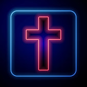 istock Glowing neon Christian cross icon isolated on blue background. Church cross. Vector Illustration 1268548527