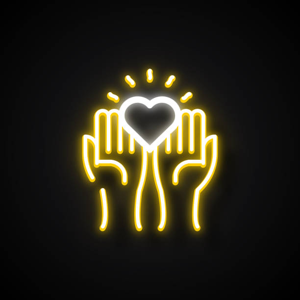 parlayan neon etkisi charity ve bağış simgesi. anahat sembol koleksiyonu - giving tuesday stock illustrations