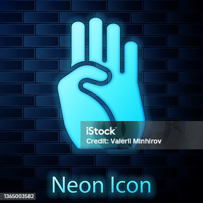 istock Glowing neon Indian symbol hand icon isolated on brick wall background. Vector 1365003582