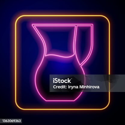 istock Glowing neon Jug glass with water icon isolated on black background. Kettle for water. Glass decanter with drinking water. Vector 1363069363