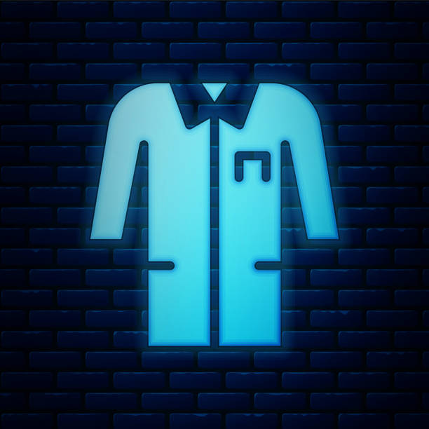 ilustrações de stock, clip art, desenhos animados e ícones de glowing neon laboratory uniform icon isolated on brick wall background. gown for pharmaceutical research workers. medical employee equipment. vector - doctor wall