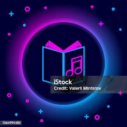 istock Glowing neon line Audio book icon isolated on black background. Musical note with book. Audio guide sign. Online learning concept. Colorful outline concept. Vector 1364994180
