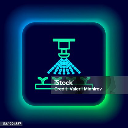 istock Glowing neon line Automatic irrigation sprinklers icon isolated on black background. Watering equipment. Garden element. Spray gun icon. Colorful outline concept. Vector 1364994387