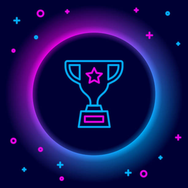 Glowing neon line Award cup icon isolated on black background. Winner trophy symbol. Championship or competition trophy. Sports achievement sign. Colorful outline concept. Vector Glowing neon line Award cup icon isolated on black background. Winner trophy symbol. Championship or competition trophy. Sports achievement sign. Colorful outline concept. Vector. pink soccer balls stock illustrations