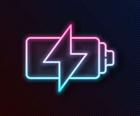 Glowing neon line Battery icon isolated on black background. Lightning bolt symbol. Vector Illustration