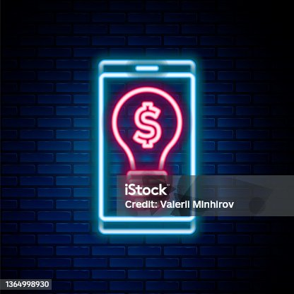 istock Glowing neon line Business light bulb with dollar on smartphone screen icon isolated on brick wall background. User touch screen. Colorful outline concept. Vector 1364998930