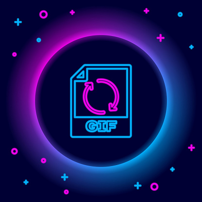 Glowing neon line GIF file document. Download gif button icon isolated on black background. GIF file symbol. Colorful outline concept. Vector