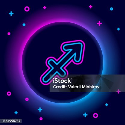 istock Glowing neon line Sagittarius zodiac sign icon isolated on black background. Astrological horoscope collection. Colorful outline concept. Vector 1364995747
