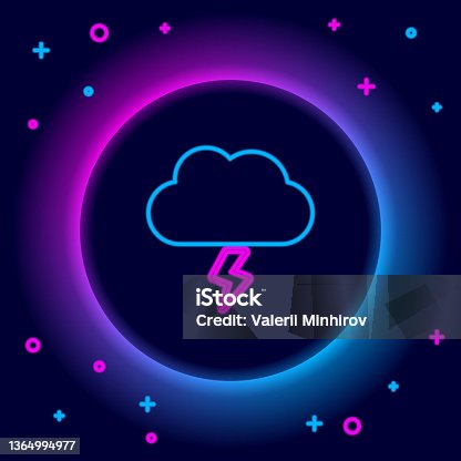 istock Glowing neon line Storm icon isolated on black background. Cloud and lightning sign. Weather icon of storm. Colorful outline concept. Vector 1364994977