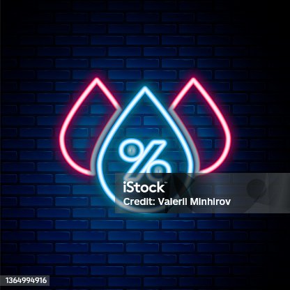 istock Glowing neon line Water drop percentage icon isolated on brick wall background. Humidity analysis. Colorful outline concept. Vector 1364994916