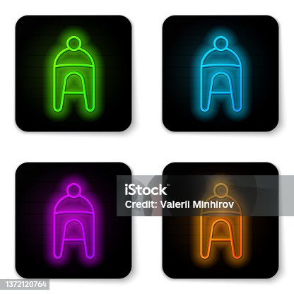 istock Glowing neon line Winter hat icon isolated on white background. Black square button. Vector 1372120764