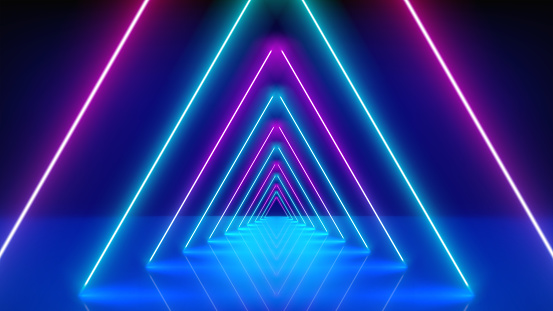 Glowing neon lines, tunnel, abstract technological background, virtual reality. Pink blue purple neon triangular corridor, perspective. Ultraviolet bright glow. Vector illustration