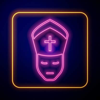 Glowing neon Pope icon isolated on black background. Pope hat. Holy father. Vector.