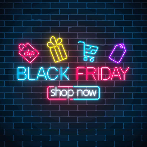 Glowing neon sign of black friday sale with shopping symbols. Seasonal sale web banner. Black friday light signboard. Glowing neon sign of black friday sale with shopping symbols on dark brick wall background. Seasonal sale web banner. Vector illustration. Black friday light signboard. black friday shoppers stock illustrations