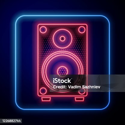 istock Glowing neon Stereo speaker icon isolated on blue background. Sound system speakers. Music icon. Musical column speaker bass equipment. Vector Illustration 1226882744