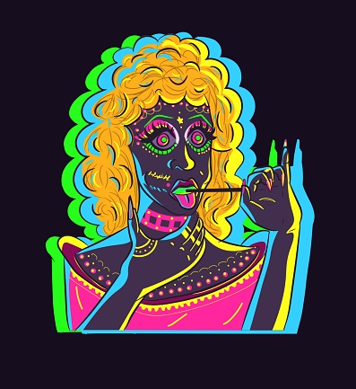 Glowing neon woman choking with a big lollipop. Fabulous drag queen in pink costume and fancy makeup eating a candy.