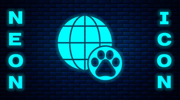 Glowing neon World pet icon isolated on brick wall background. Vector Glowing neon World pet icon isolated on brick wall background. Vector. international dog day stock illustrations