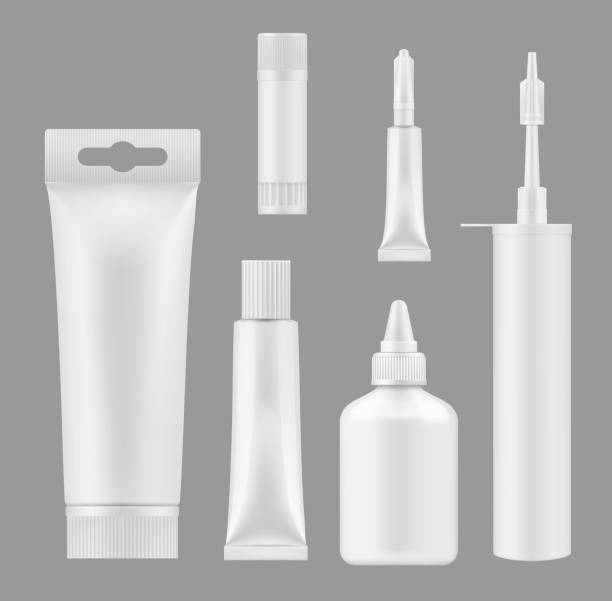 Glue tubes, silicon sealant containers 3D mockups Glue tubes and sealant containers 3D white blank mockups. Vector isolated models silicon caulk foam cartridge and adhesive glue bottle or stick packages silicone stock illustrations