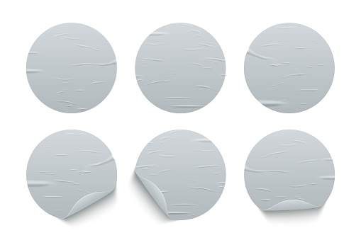 Glued round whit stickers set isolated on white background. Vector realistic crumpled posters bundle. Wet greased wrinkles blank template texture. Empty advertising circles mockup for creative design.