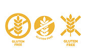 Gluten free label or no wheat vector icon template for gluten free food package or dietetic product yellow signs set