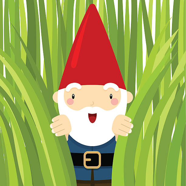 Gnome in the garden. Peeking grass vector art illustration