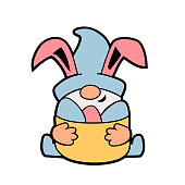 Gnome with bunny ears and eggs is on white background. Vector illustration.