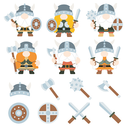 Gnomes Vikings warrior male and female vector illustrations.