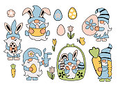 Gnomes with bunny ears and eggs on white background. Vector illustration Easter set.