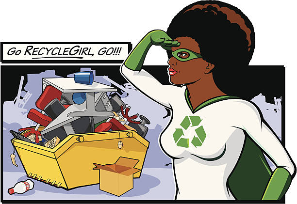 Go RecycleGirl! RecycleGirl surveys a bumper crop of trash.  black superwoman stock illustrations