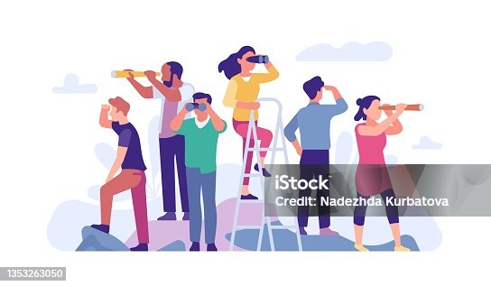 istock Goal search. People looks different directions through binoculars and spyglasses. Men and women peer into distance. Persons find opportunities in future. Forward vision. Vector concept 1353263050