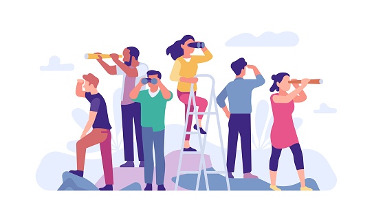 Goal search. People group looks different directions through binoculars and spyglasses. Men and women peer into distance. Ambition persons find opportunities in future. Forward vision. Vector concept