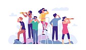 istock Goal search. People looks different directions through binoculars and spyglasses. Men and women peer into distance. Persons find opportunities in future. Forward vision. Vector concept 1353263050