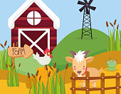 goat frog rooster in hay plants windmill barn fence farm animals vector illustration