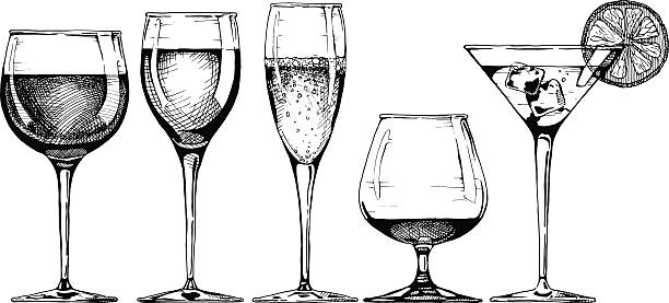 goblet set Vector set of glasses goblets in ink hand drawn style. isolated on white. cocktail drawings stock illustrations
