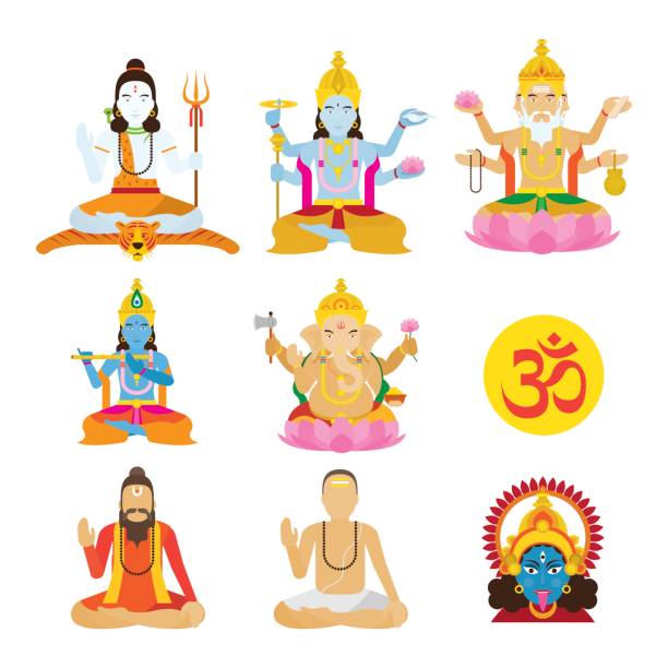 God of Hinduism and Priest Set Deities, Lord, Character Set with Om Symbol vishnu stock illustrations