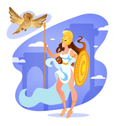 Goddess Athena Holding Spear And Shield In Hands Stock Illustration ...