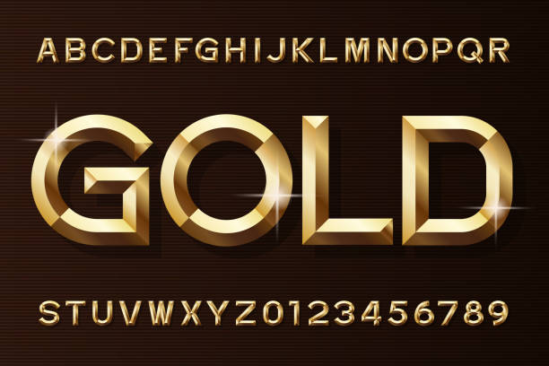 골드 알파벳 글꼴입니다. 3 차원 3d 금 효과 글자와 숫자 - 금 금속 stock illustrations