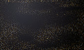 Gold and silver halftone black background. Vector golden glitter circle with dotted sparkles or halftone shine pattern texture