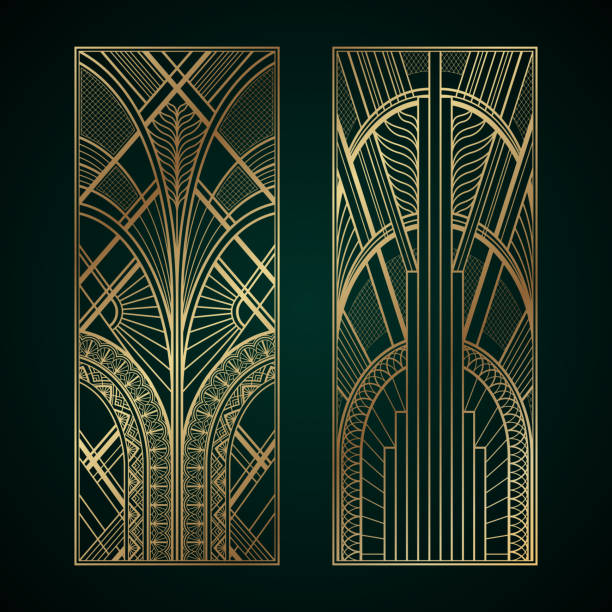 Gold art deco panels on dark green background Gold luxury art deco geometric panels on dark green background architecture patterns stock illustrations