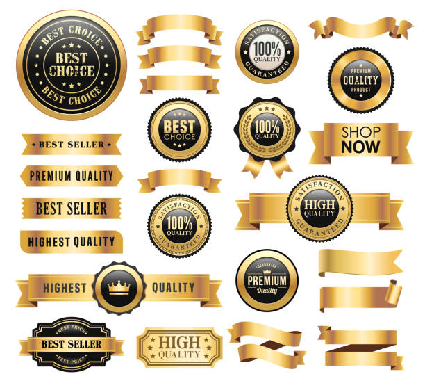 Vector illustration of the gold badges and ribbons set