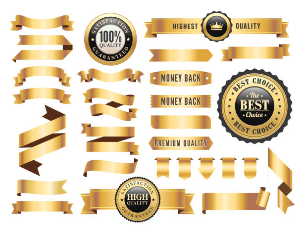 Gold Badges and Ribbons Set Vector illustration of the gold badges and ribbons set. first place stock illustrations