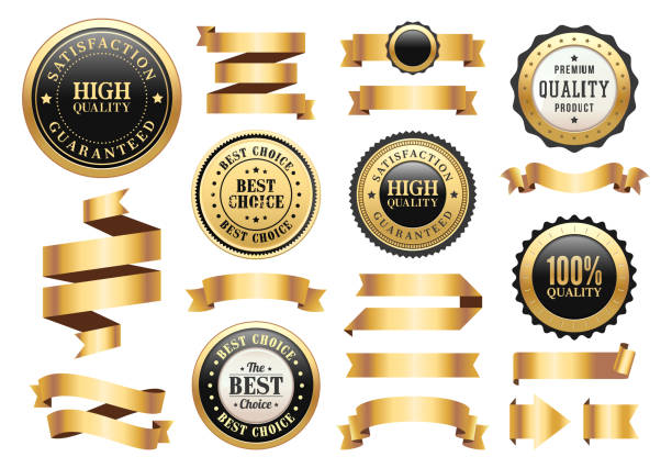 Gold Badges and Ribbons Set vector art illustration