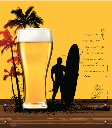 gold beer poster with summer scene and surfer