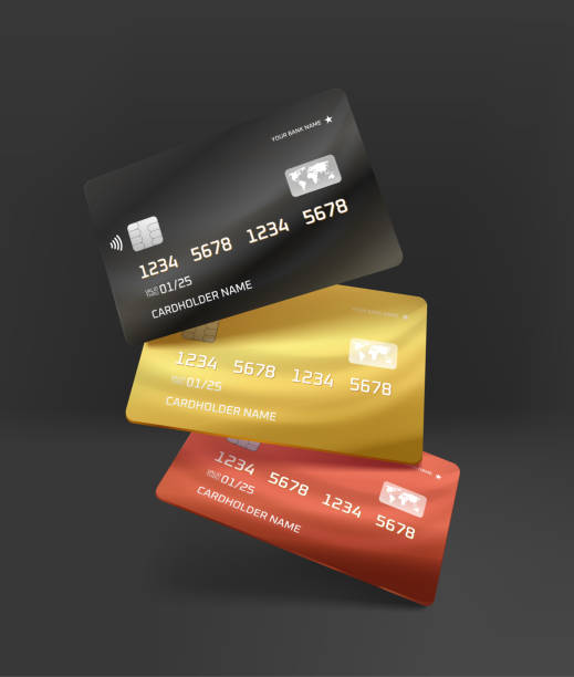 Gold, black and red credit cards on dark background Vector illustration pile of credit cards stock illustrations