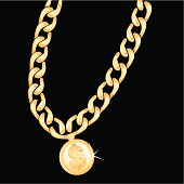 A dollar symbol on a gold chain.